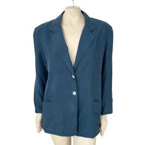 NEW VTG WINTERSILKS 100% Silk 2 Button Boyfriend Blazer in Mallard Blue SZ XLP
